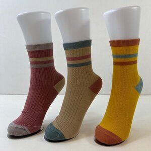 Womens Striped Ribbed Crew Socks Set 3 Pink Brown Yellow